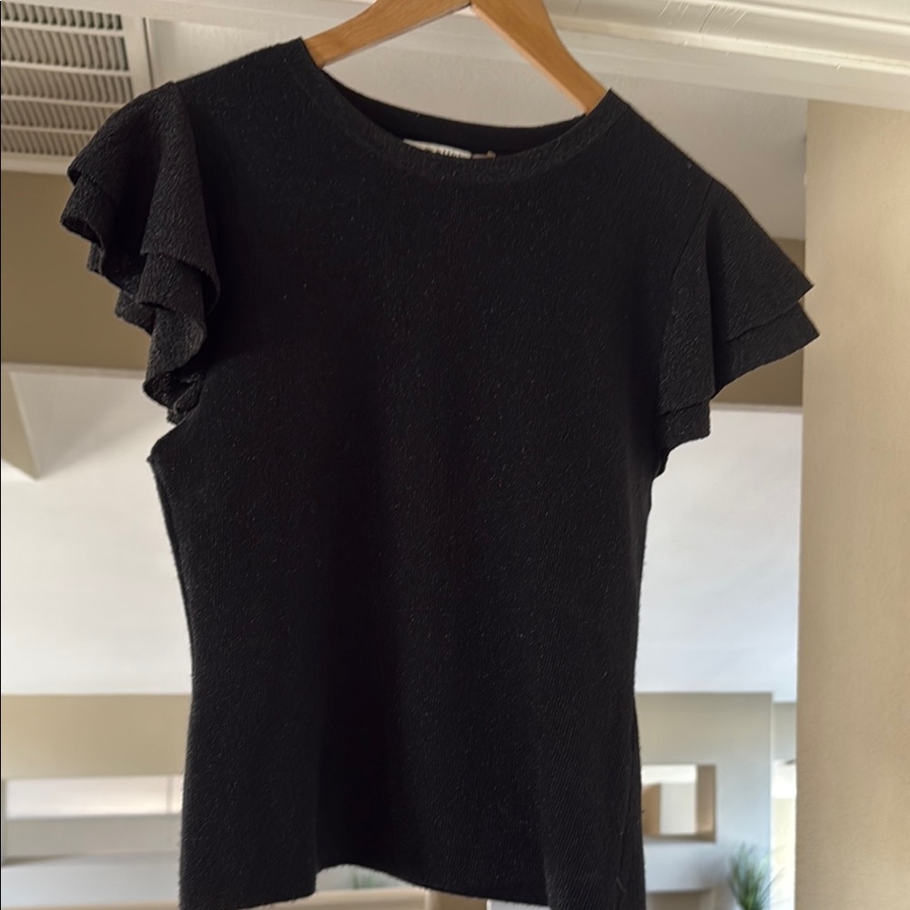 Alice + Olivia Black Flutter Sleeve Ribbed Sweater Top